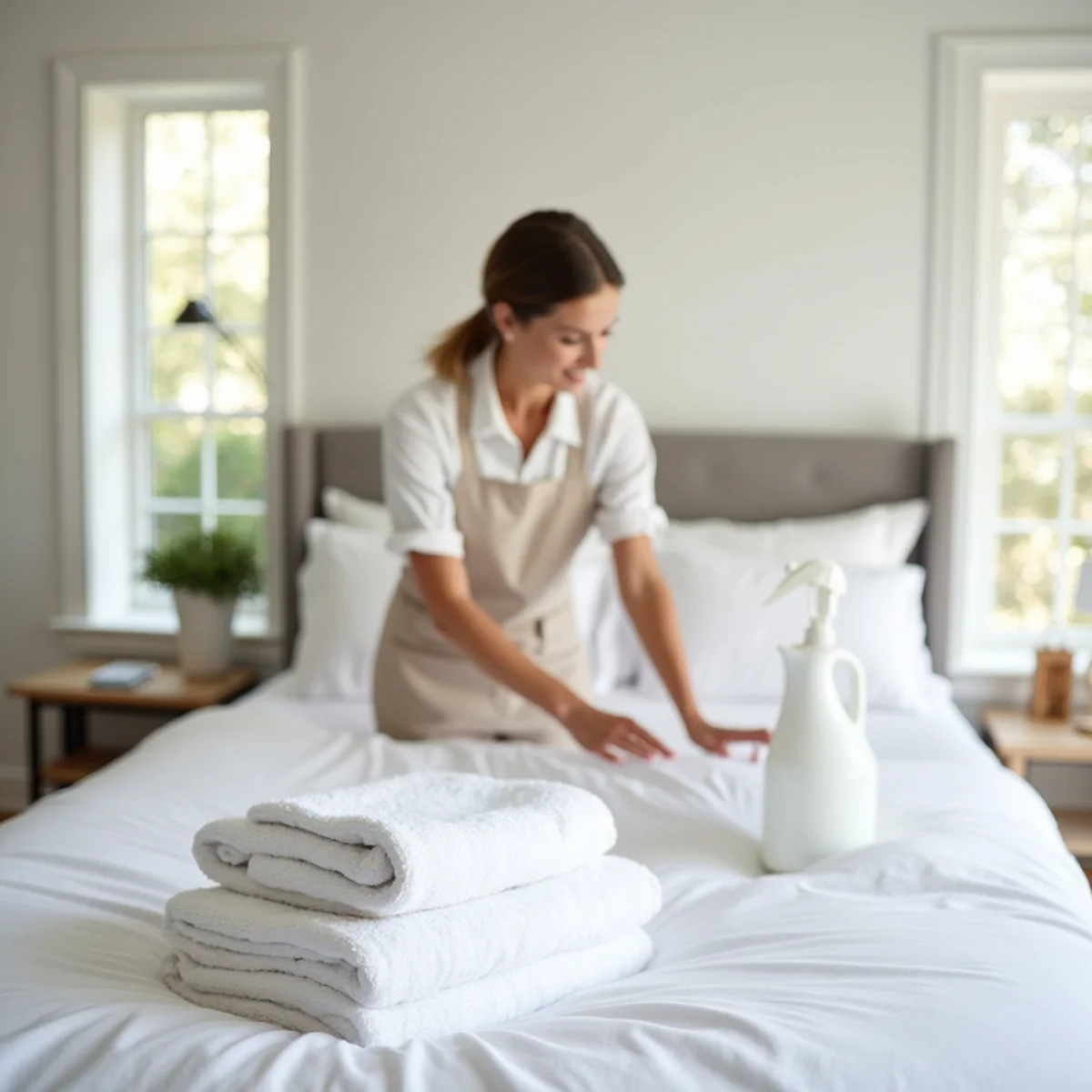 Freshly staged Airbnb bedroom with crisp linens after a vacation rental turnover cleaning in Frederick, MD