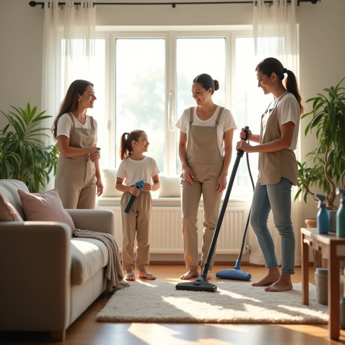 Family relaxing in a clean home instead of spending the weekend cleaning