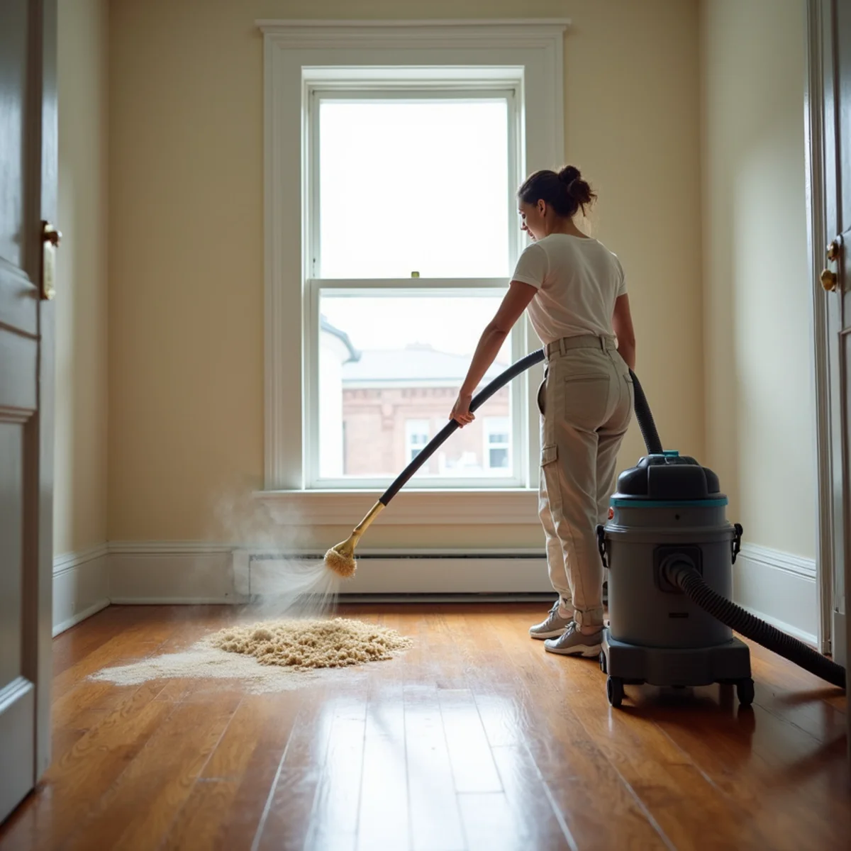 Cleaner gently dusting crown molding in a historic downtown Frederick home