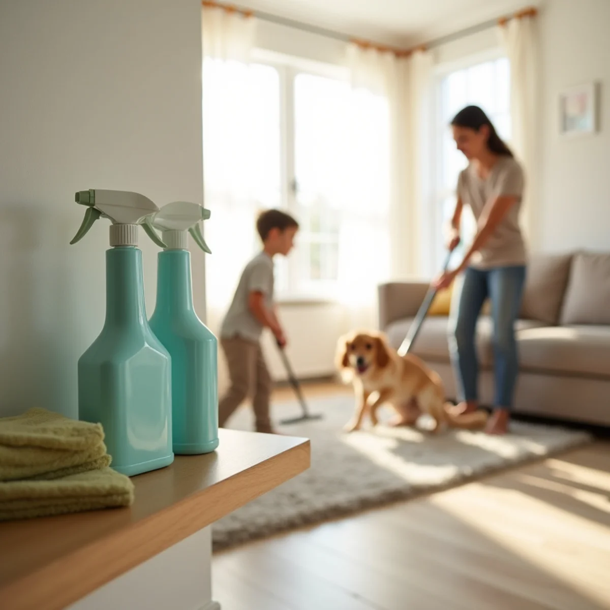 Plant-based eco-friendly cleaning products safe for kids and pets at home