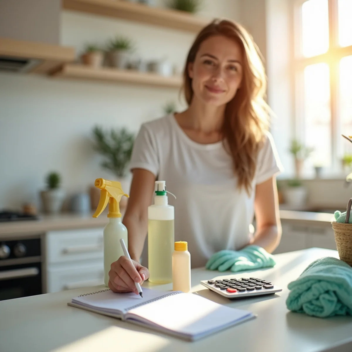 Eco-friendly cleaner wiping a kitchen counter in a bright Frederick, MD home