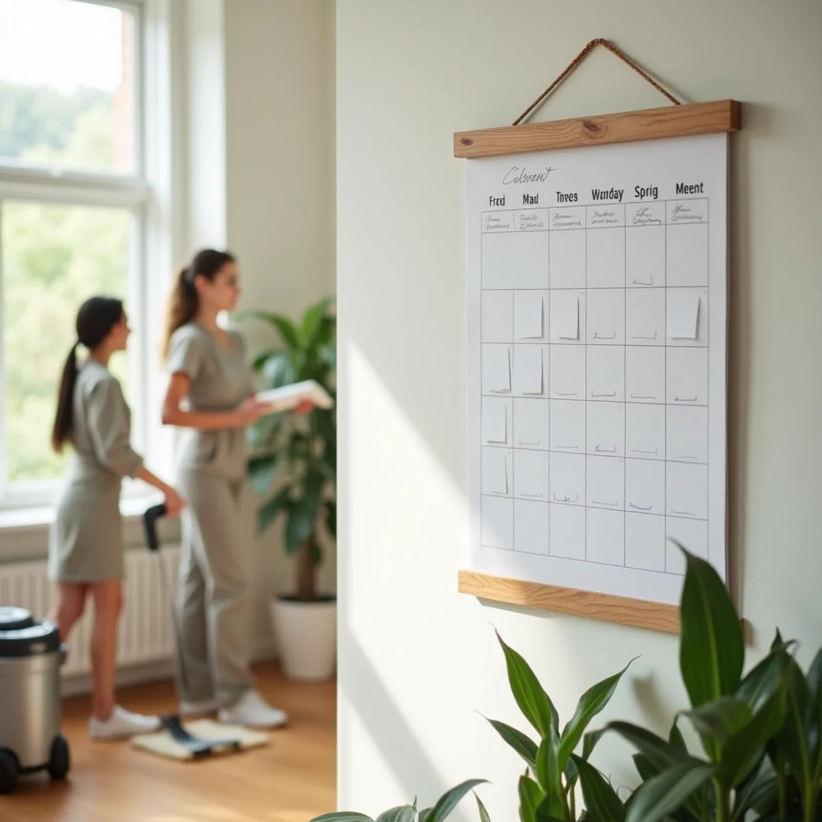Professional cleaner tidying a living room in a Frederick, MD home