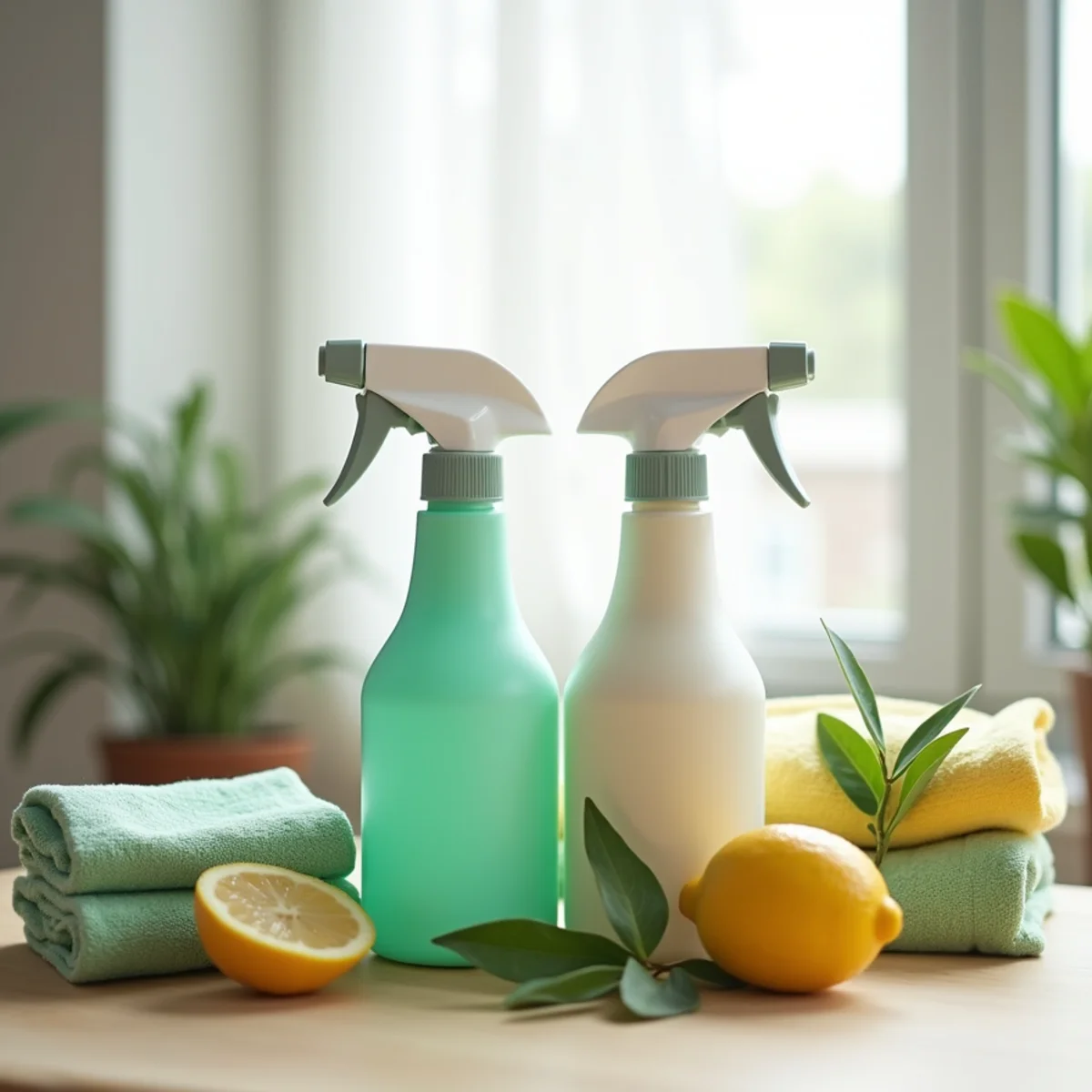 Plant-based cleaning products and color-coded microfiber cloths on a kitchen counter