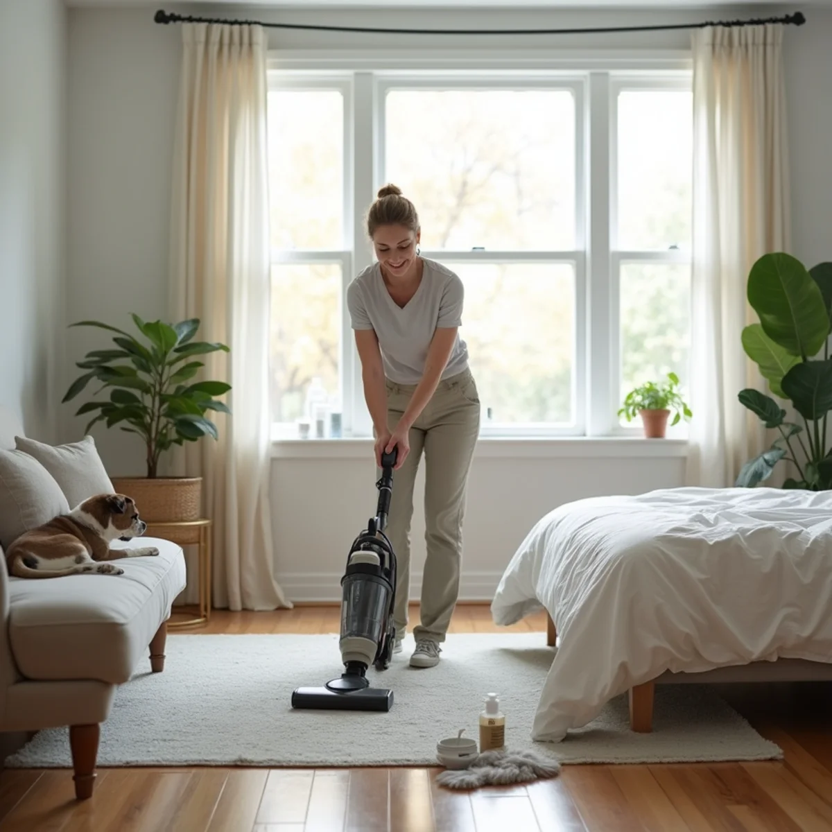 HEPA vacuum capturing allergens from a rug during hypoallergenic cleaning in a Frederick, MD home