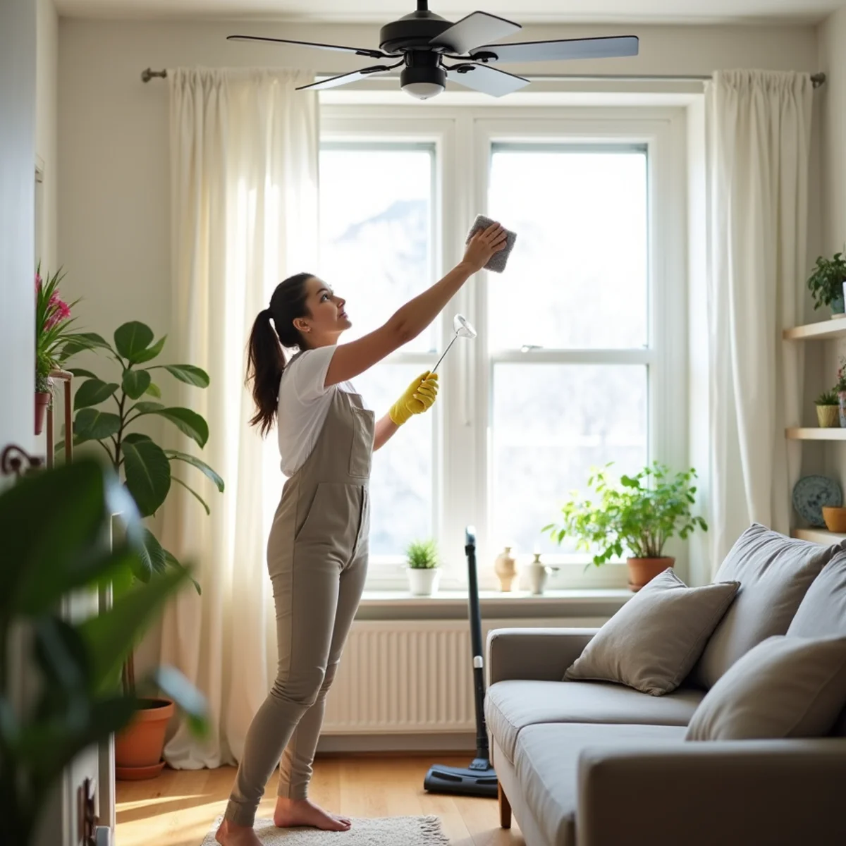 Mother Earth Cleaning team member dusting a bright Frederick, MD living room during a recurring house cleaning